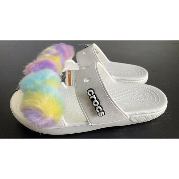 CROCS Classic Fur Sure Sandals Unisex Sz 7 Women’s White Rainbow NWT - Picture 2 of 8
